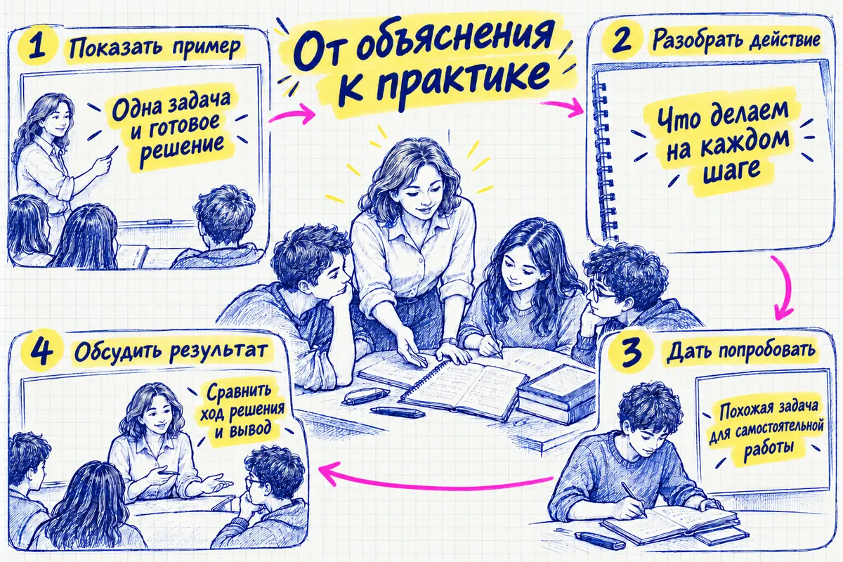 Учебный цикл на клетчатой бумаге с синими рисунками и жёлтыми выделениями