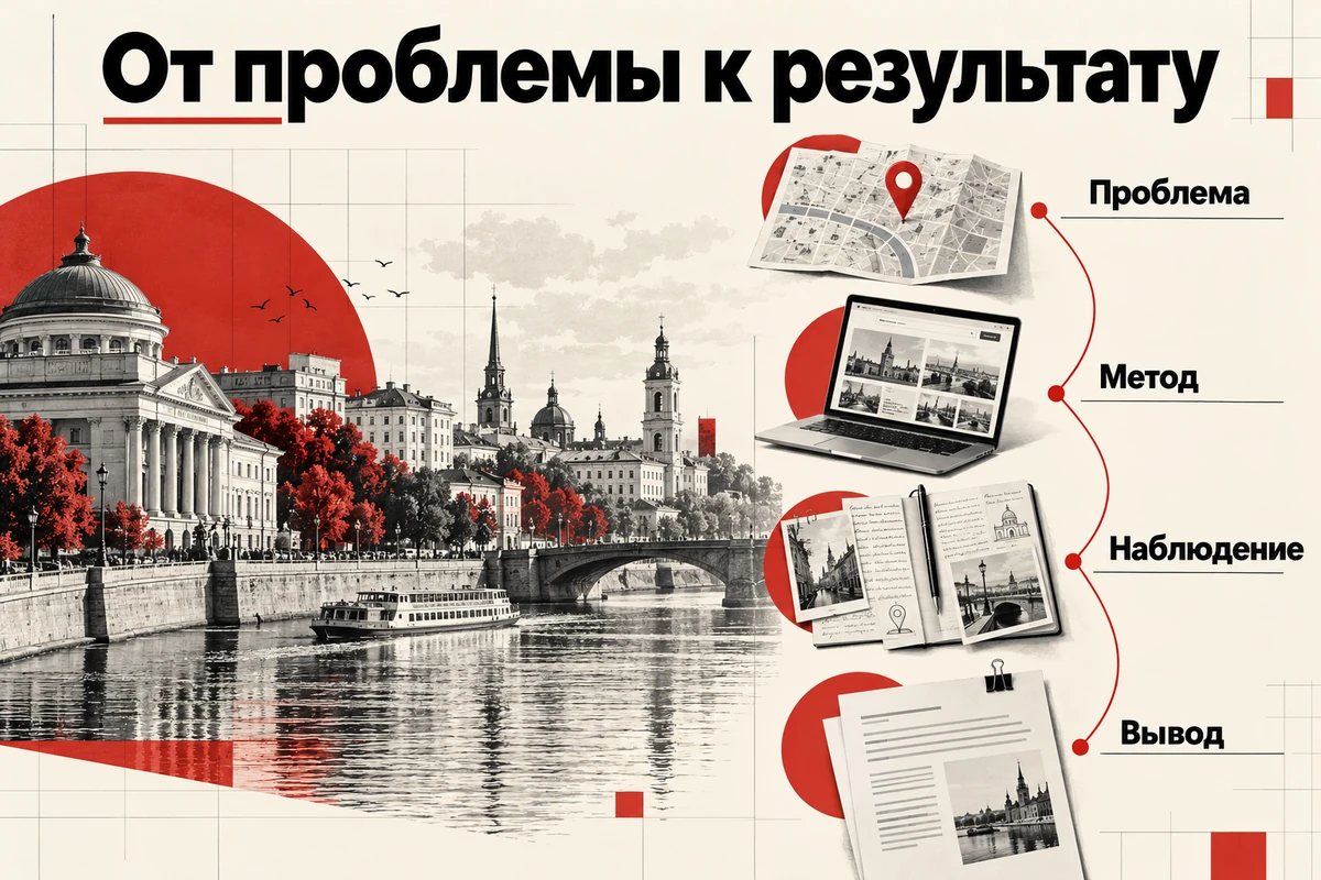 Слайд курсовой с городской набережной, картой, фотографиями и этапами исследования