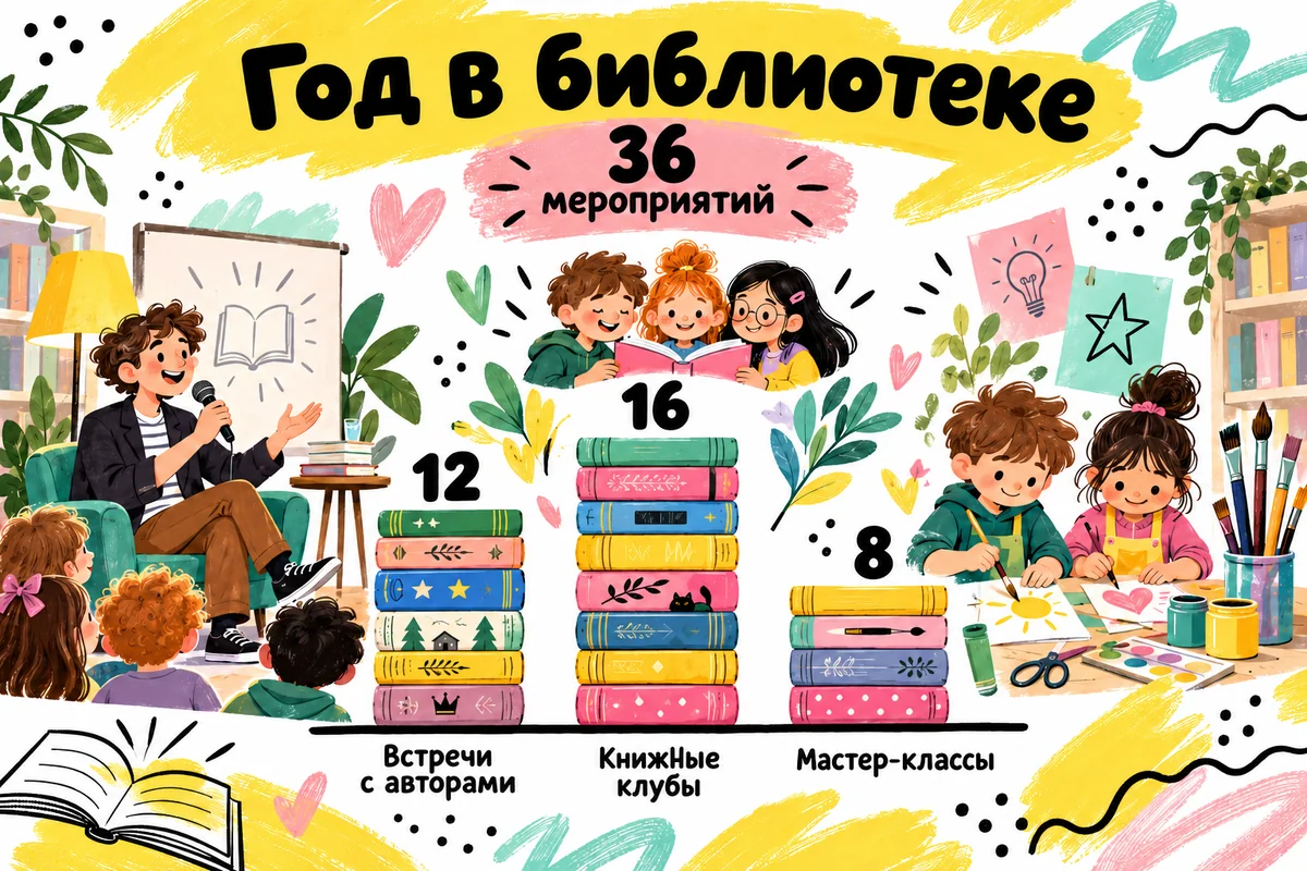 Отчёт библиотеки: 36 мероприятий в трёх категориях, показанных стопками книг