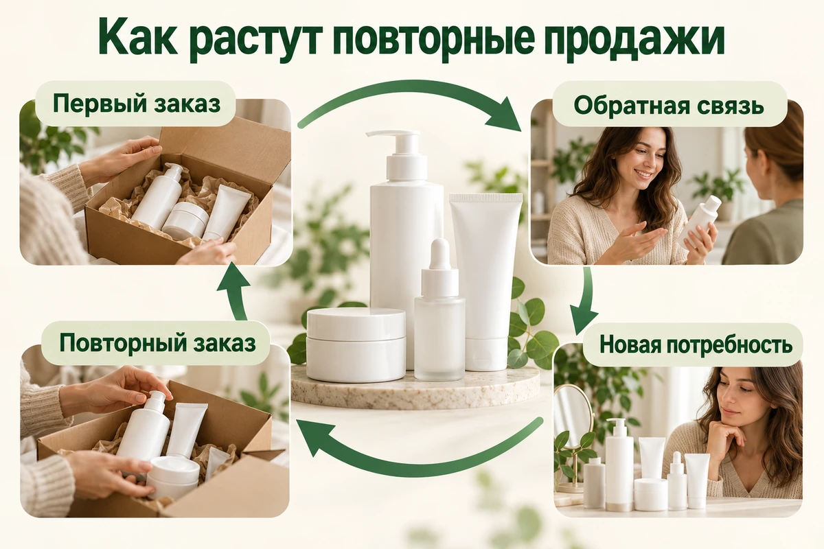 Цикл повторных продаж уходовой косметики с товарными фотографиями и четырьмя этапами