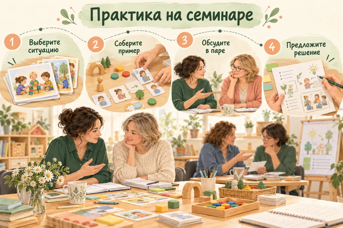Практический семинар педагогов с дошкольными карточками, деревянными игрушками и обсуждением в парах