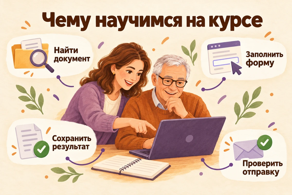 Женщина помогает пожилому слушателю у ноутбука, рядом четыре навыка курса цифровой грамотности