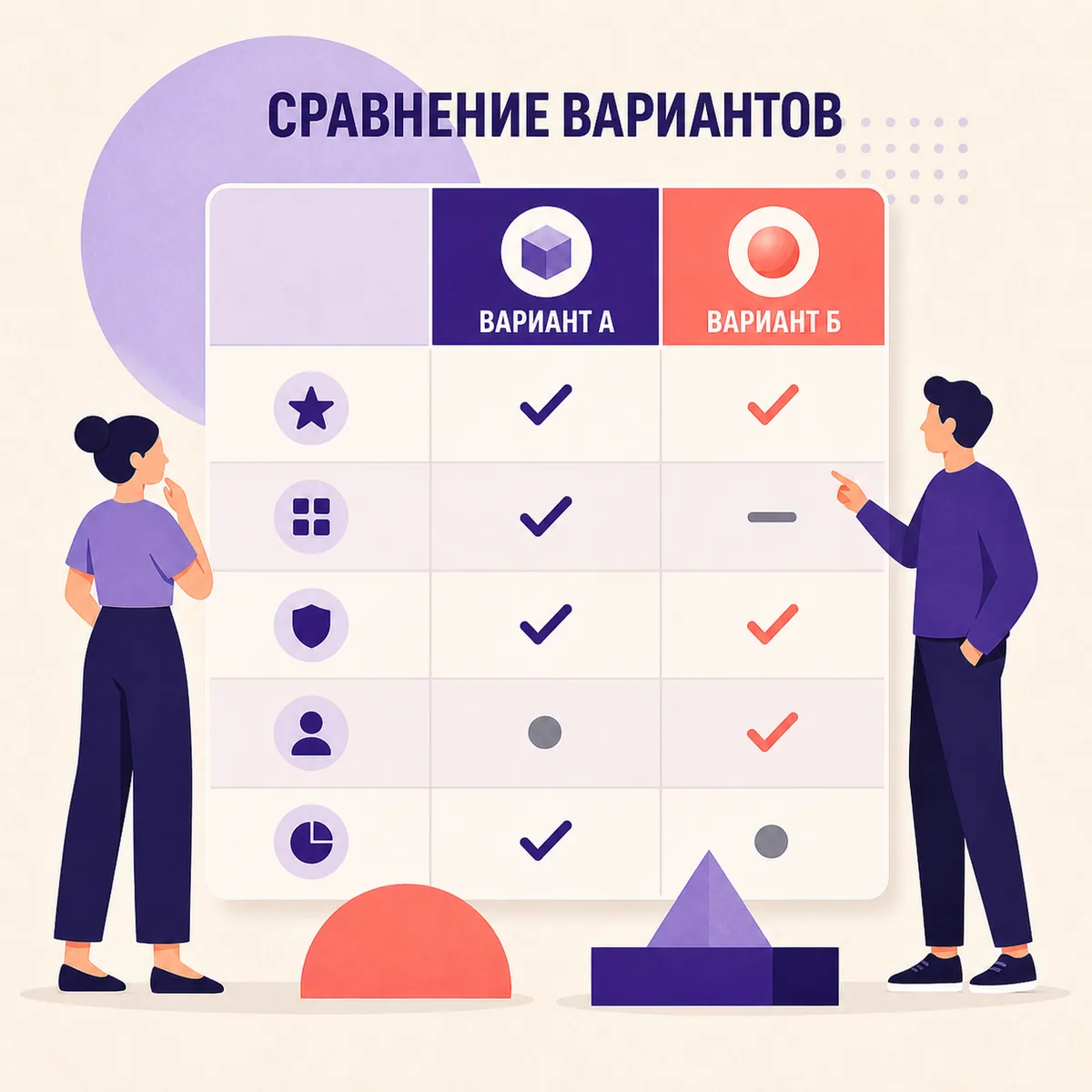 Схематичное сравнение двух вариантов по одинаковым критериям