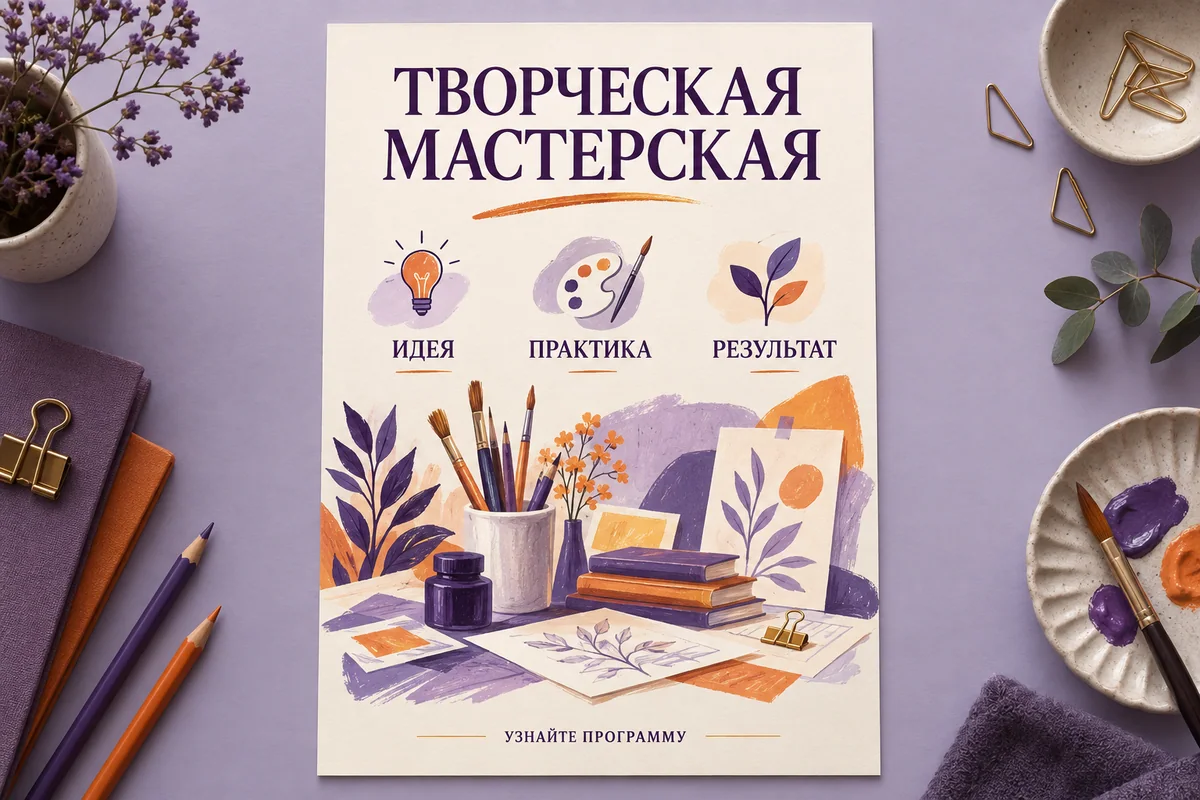 Листовка творческой мастерской с тремя смысловыми блоками