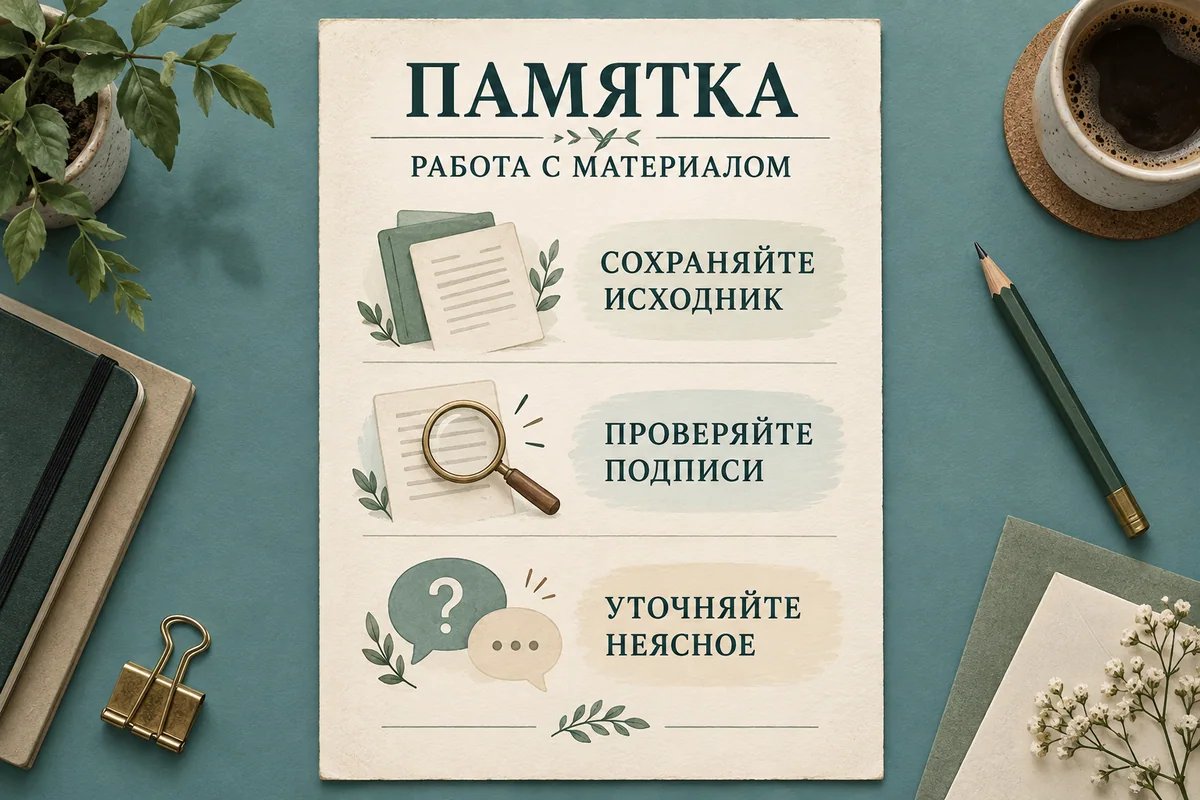 Памятка с тремя рекомендациями по работе с материалом