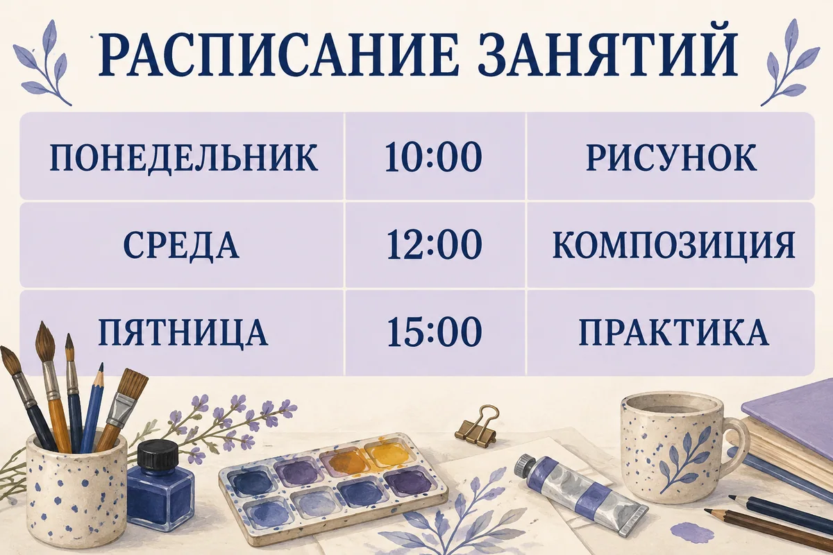 Демонстрационное расписание с днями недели, временем и названиями занятий