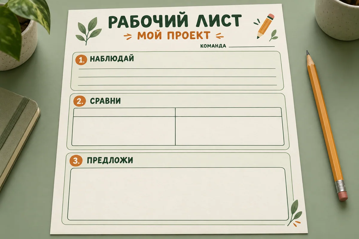 Рабочий лист «Мой проект» с пустыми строками, таблицей для сравнения и полем для рисунка
