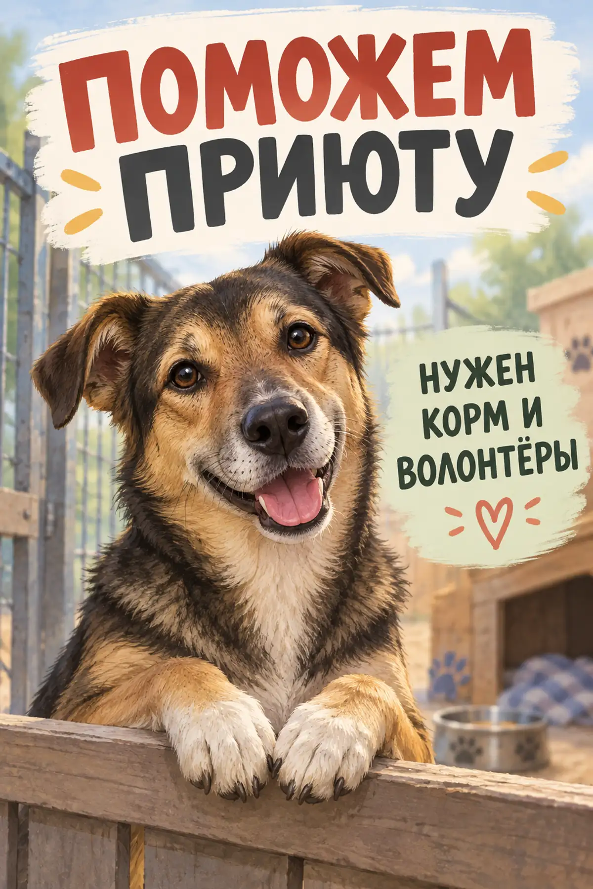 Плакат о поддержке приюта с изображением собаки и призывом помочь