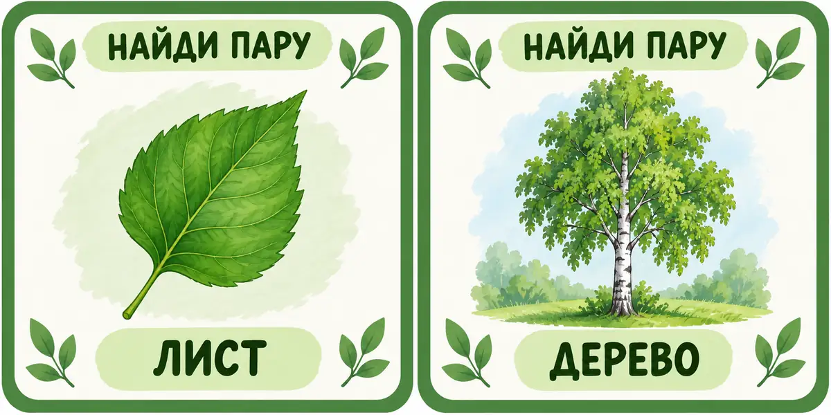 Две игровые карточки для занятия: лист и дерево