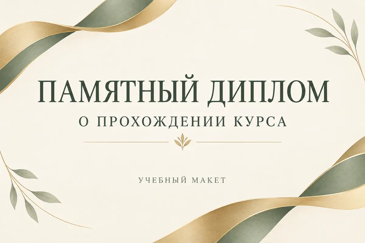 Иллюстрация памятного диплома о прохождении курса с пометкой учебного макета