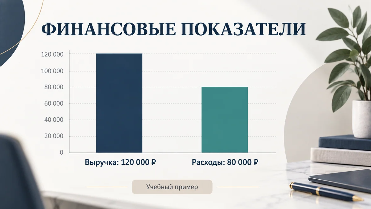 Учебный финансовый слайд с двумя столбцами выручки и расходов