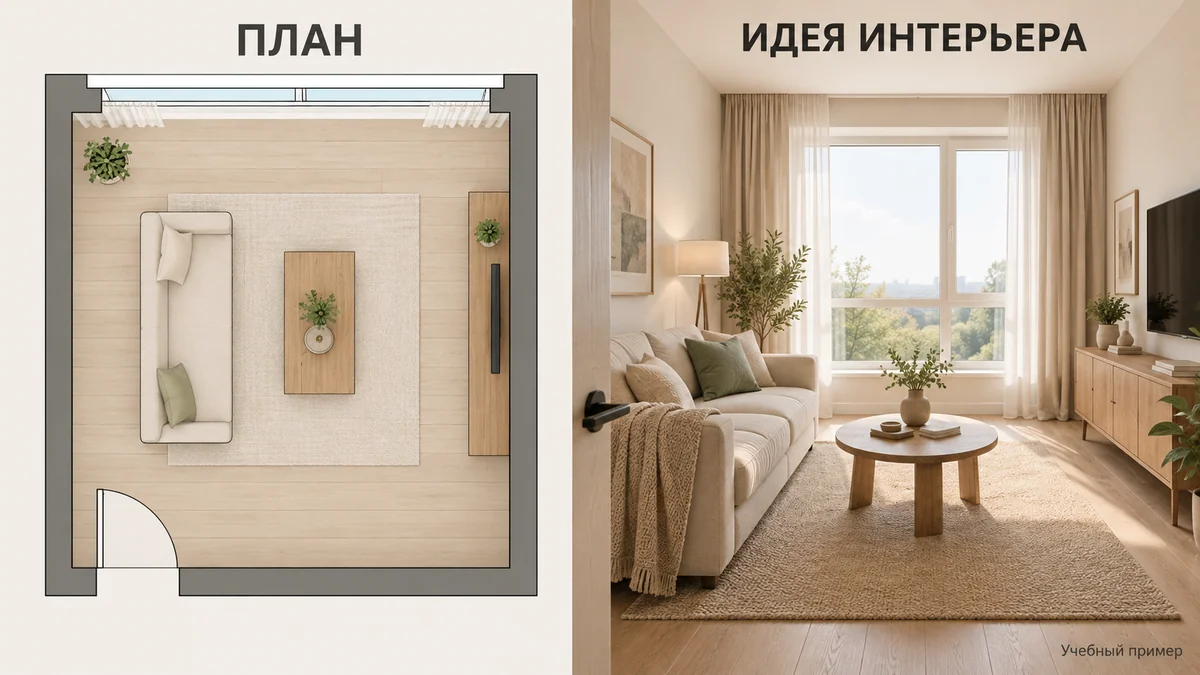 Учебное сопоставление простой планировки и идеи интерьера