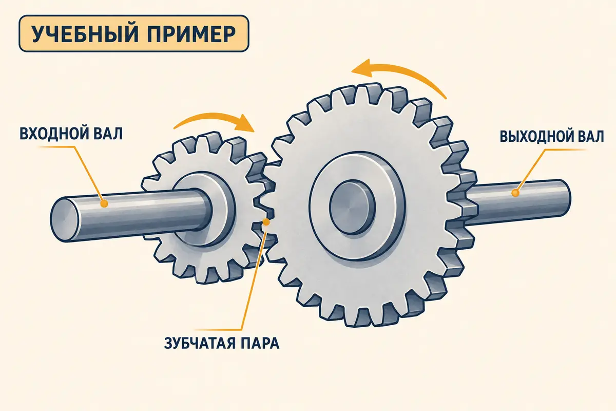 Учебная иллюстрация зубчатой пары с подписями входного и выходного вала