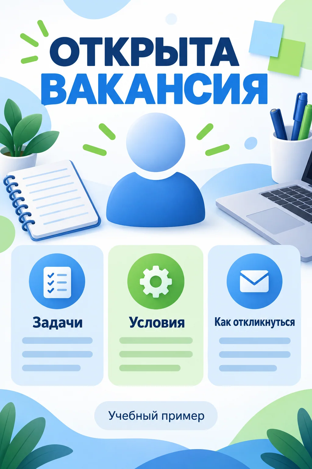Учебное объявление о вакансии с блоками задач, условий и отклика