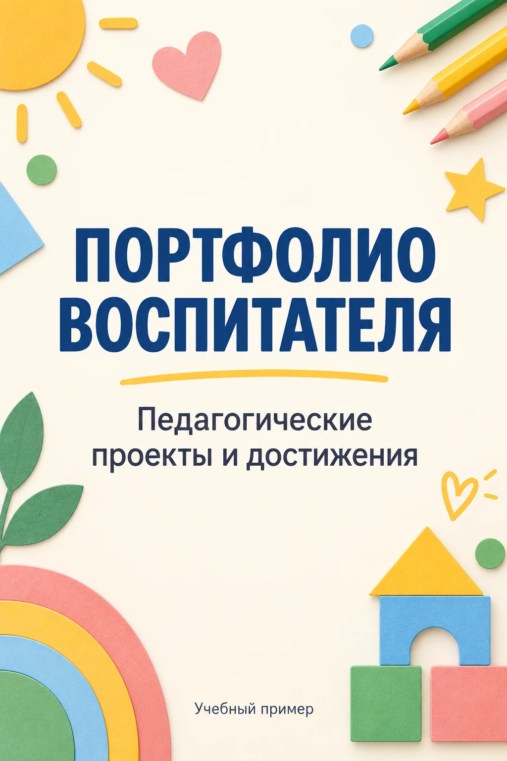 Титульный лист портфолио воспитателя с карандашами и геометрическими фигурами