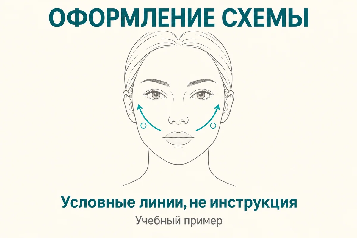 Образец оформления схемы с условными линиями на контуре лица, не инструкция массажа