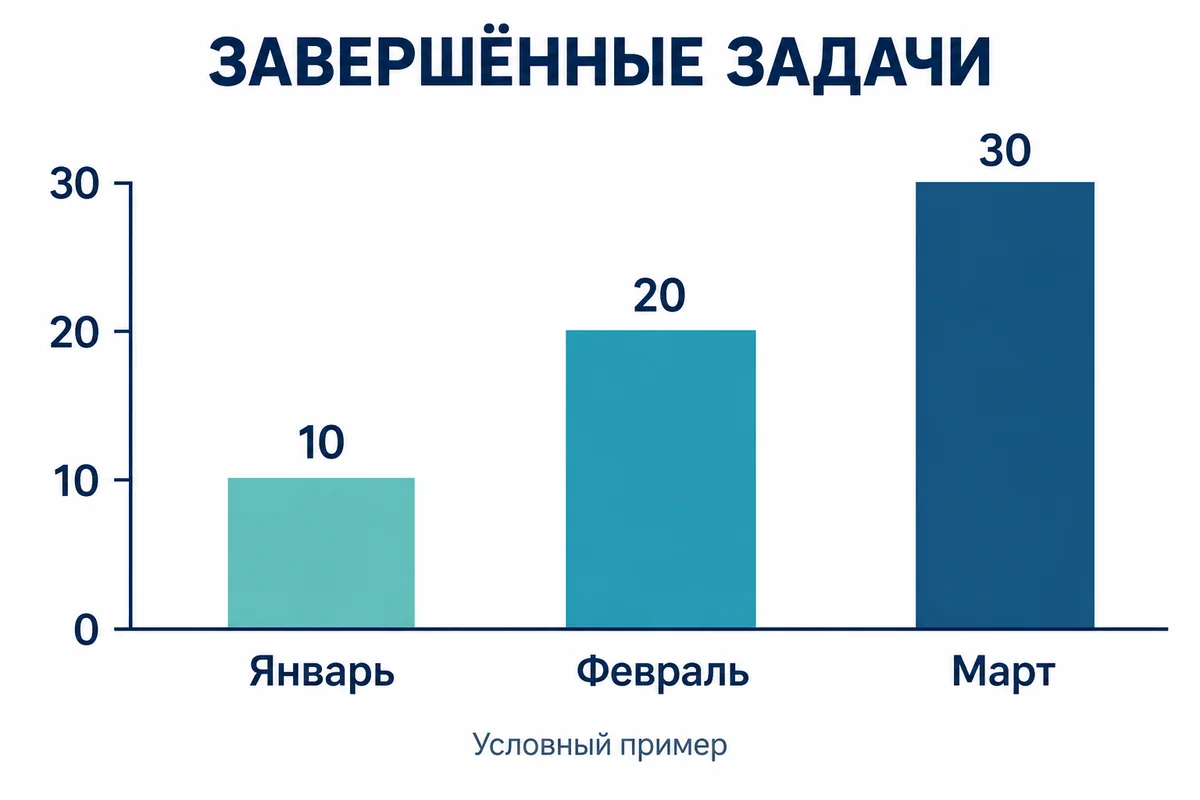 Столбчатая диаграмма с условными значениями 10, 20 и 30 завершённых задач