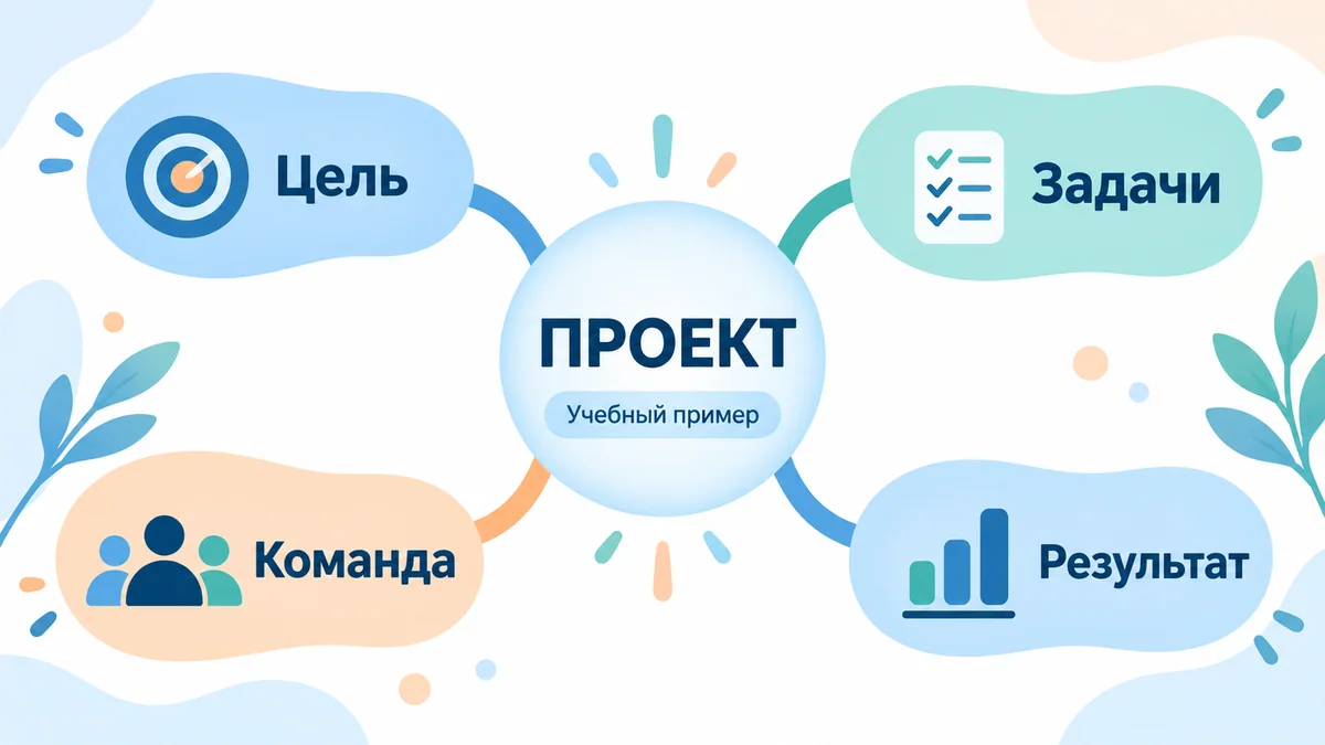 Интеллект-карта проекта с ветвями цели, задач, команды и результата