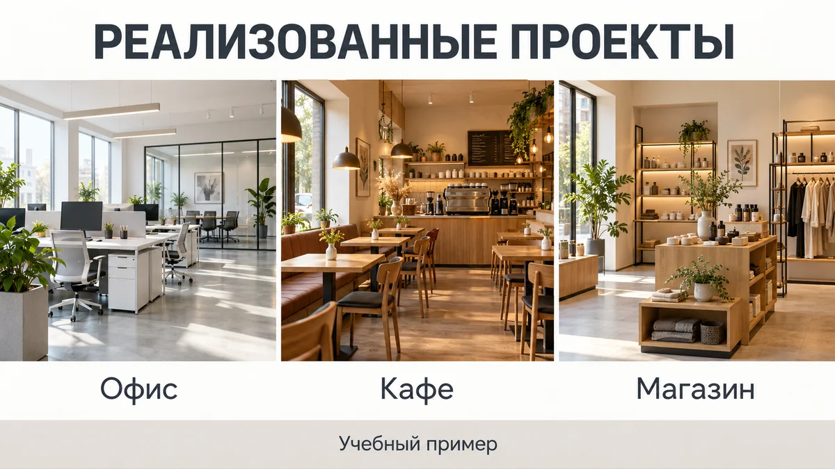 Учебный слайд портфолио с вымышленными интерьерами офиса, кафе и магазина