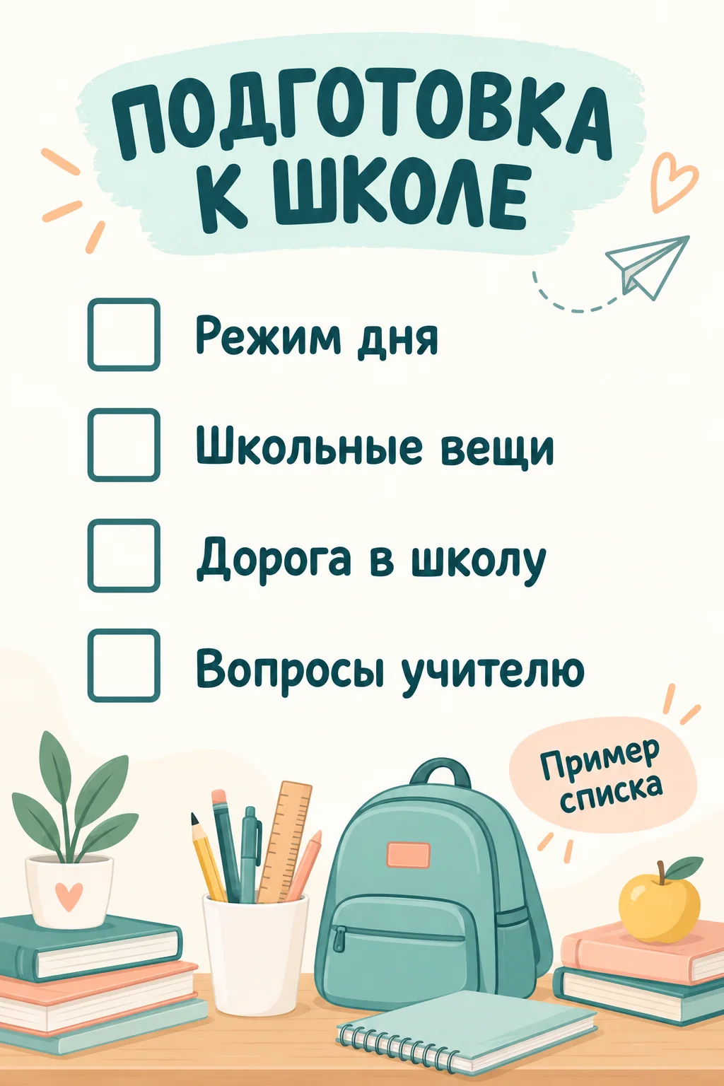 Пример школьного чек-листа с четырьмя организационными пунктами и пустыми квадратами