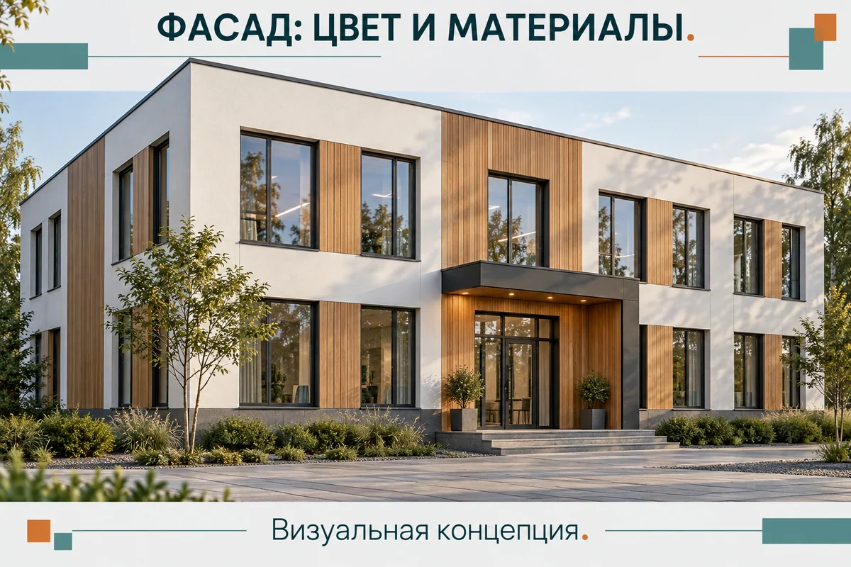 Двухэтажное здание со светлой штукатуркой и деревянными вставками между окнами