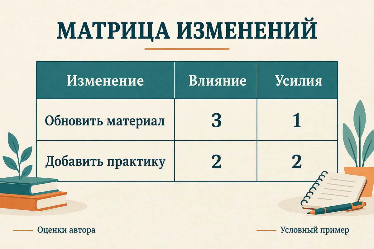 Матрица изменений: Обновить материал 3 и 1, Добавить практику 2 и 2 по влиянию и усилиям