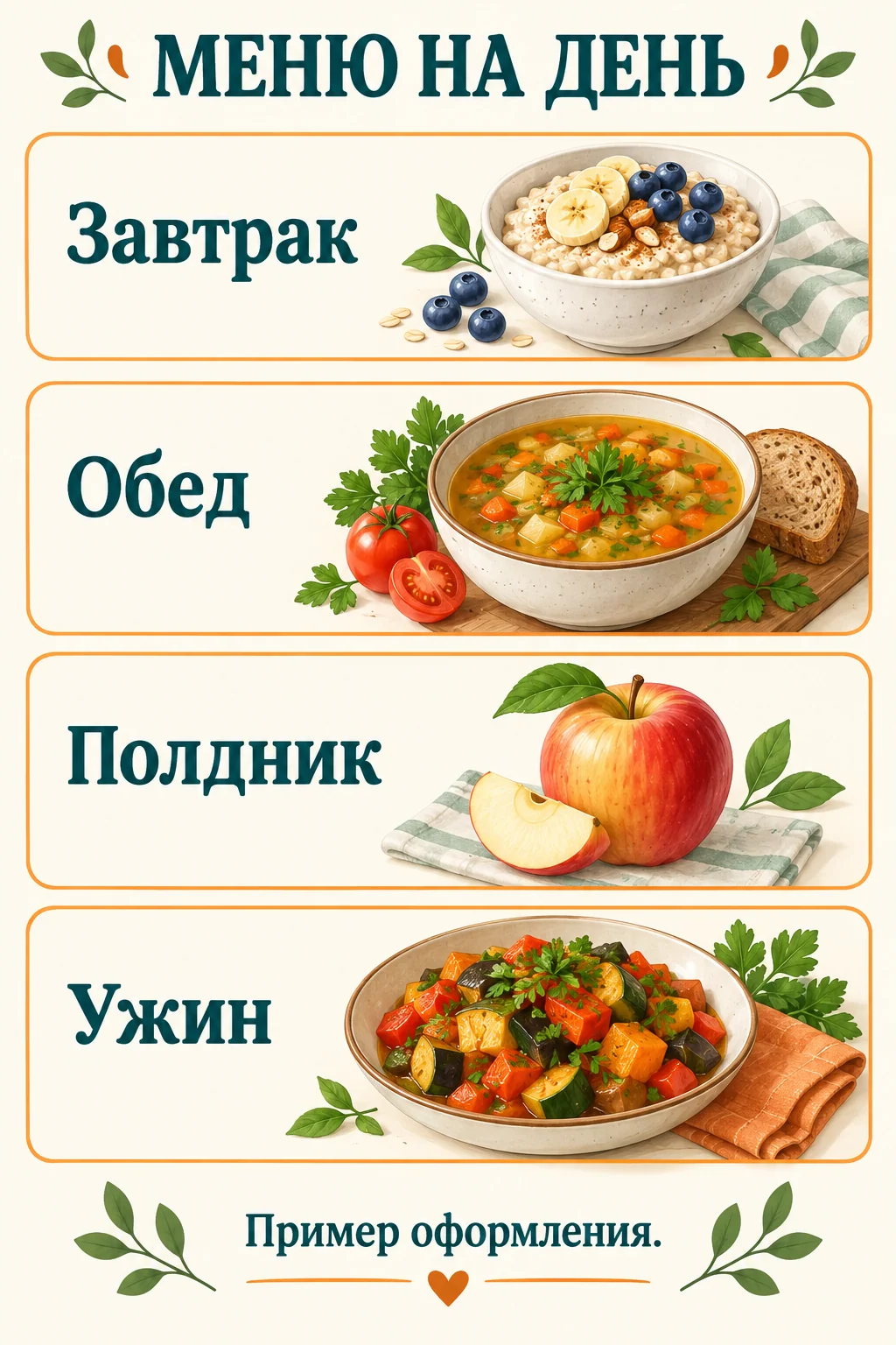 Меню на день: завтрак, обед, полдник и ужин с нарисованными блюдами