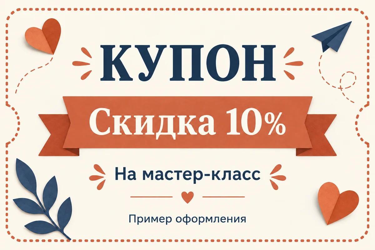Вымышленный купон со скидкой 10% на мастер-класс и подписью Пример оформления