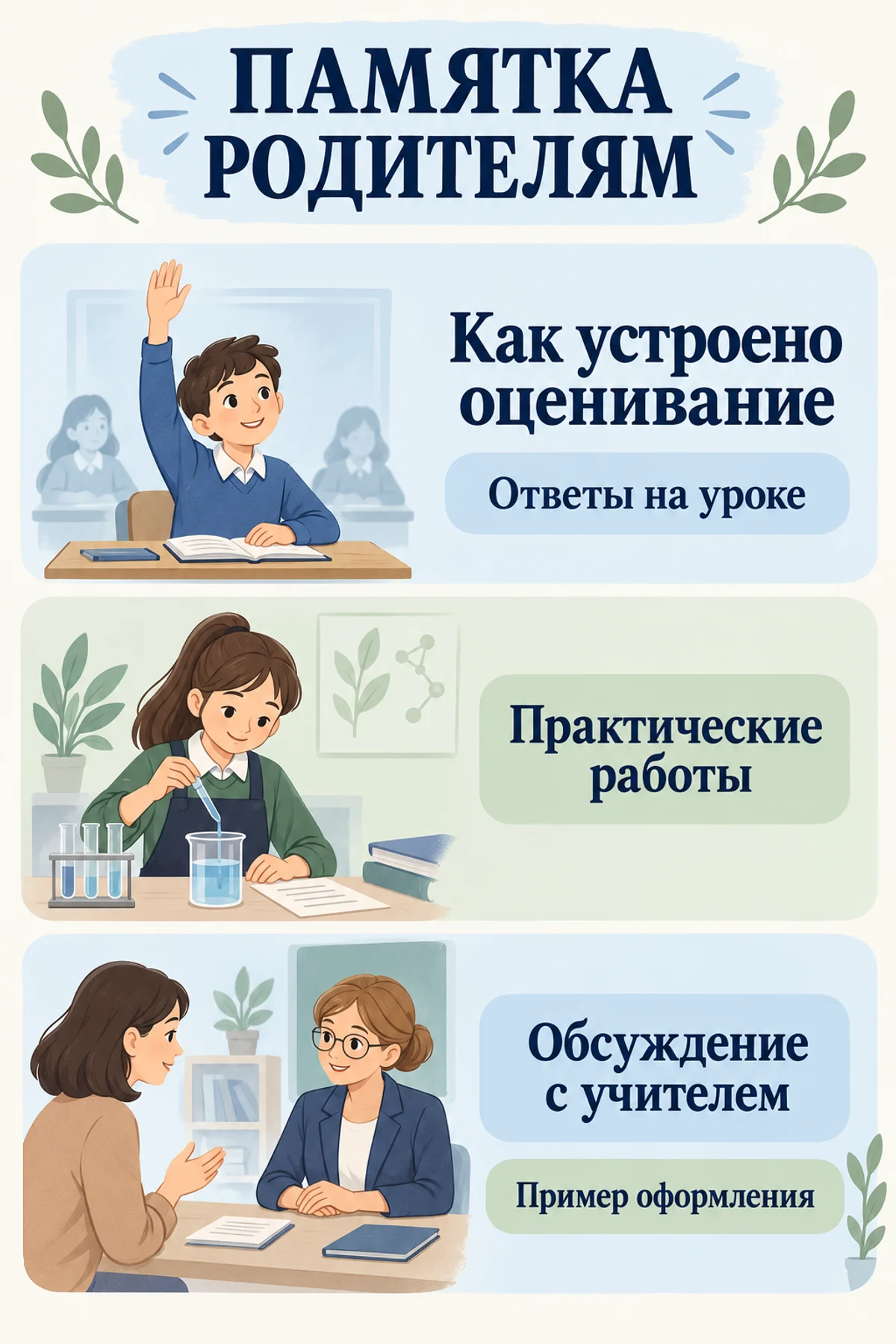 Памятка родителям с блоками об ответах на уроке, практических работах и обсуждении с учителем