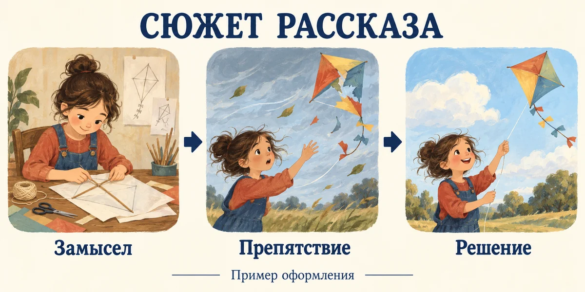 Схема вымышленного рассказа о воздушном змее: замысел, препятствие и решение