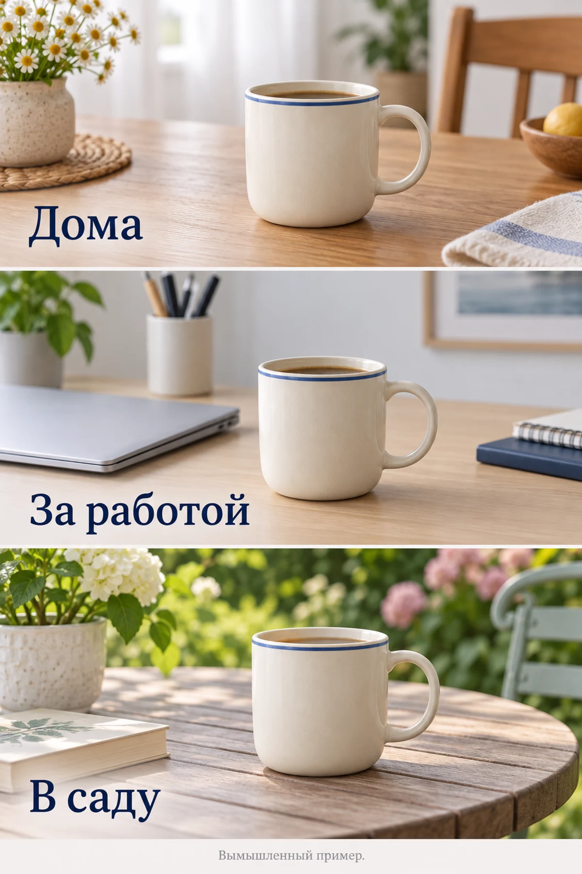 Кремовая кружка с синим кольцом дома, на рабочем столе и в саду