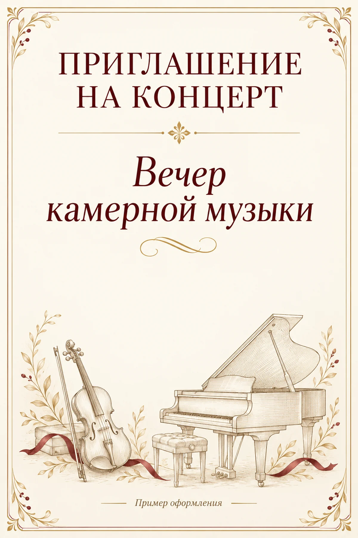 Приглашение на вечер камерной музыки с рисунками скрипки и рояля