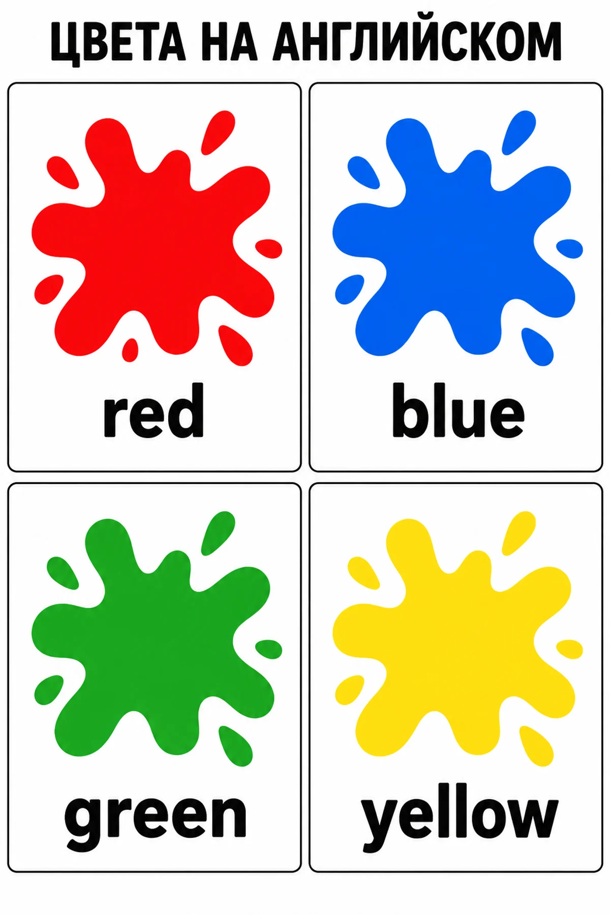 Красная, синяя, зелёная и жёлтая кляксы с подписями red, blue, green и yellow
