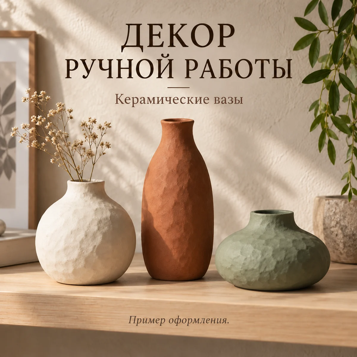 Три керамические вазы с заголовком о декоре ручной работы