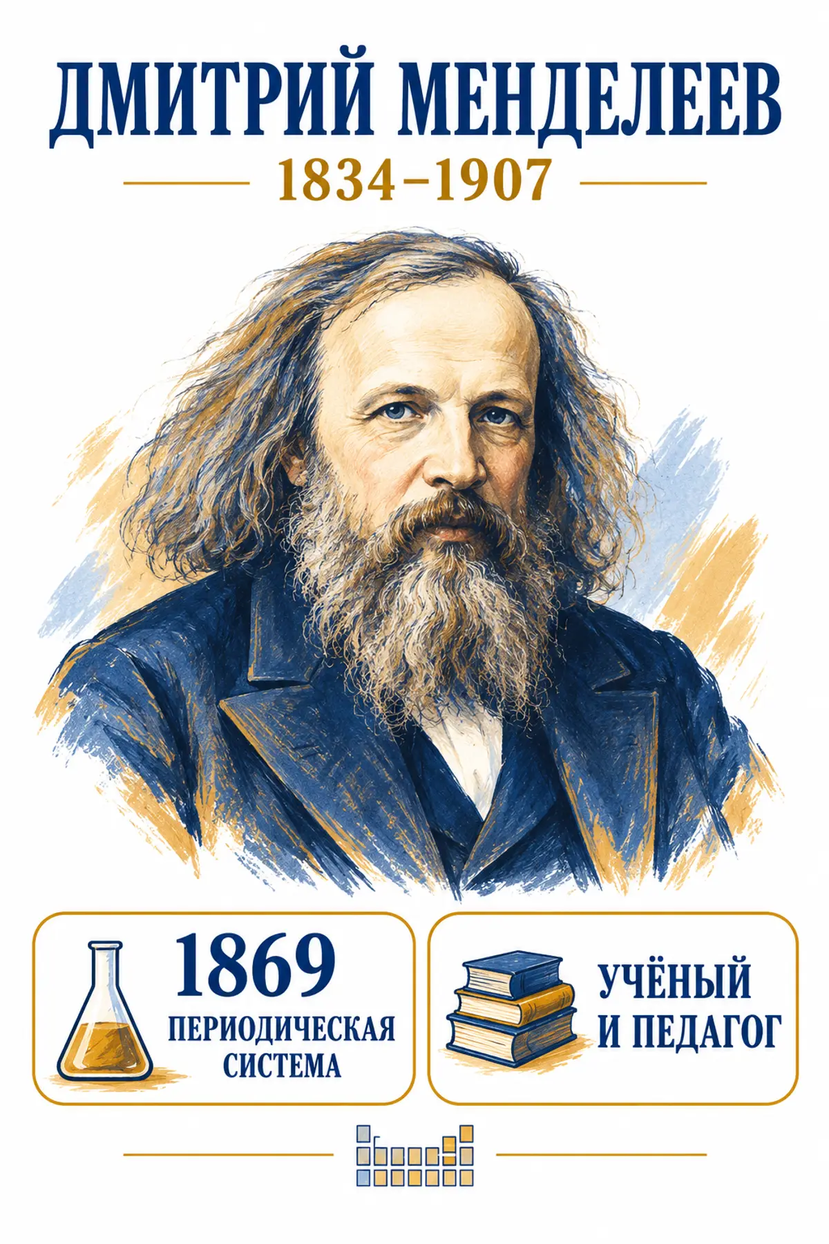 Рисованный портрет Дмитрия Менделеева, годы жизни 1834–1907, дата 1869 и подписи о периодической системе и педагогике