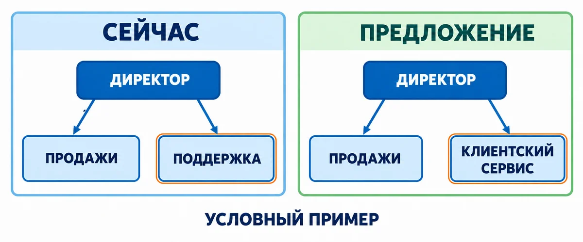 Две условные оргструктуры с директором и двумя отделами в каждой; блоки поддержки и клиентского сервиса выделены оранжевыми рамками