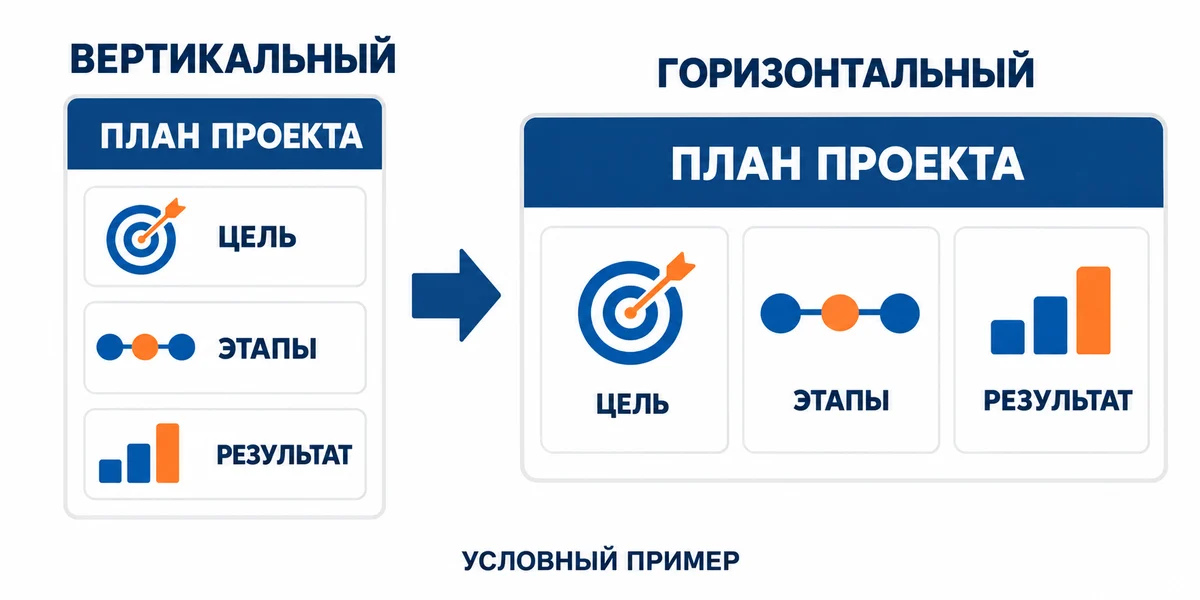 Вертикальная и горизонтальная компоновки условного слайда с тремя одинаковыми разделами