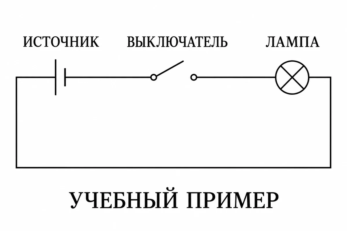 Учебная электрическая цепь с источником, разомкнутым выключателем и лампой без свечения